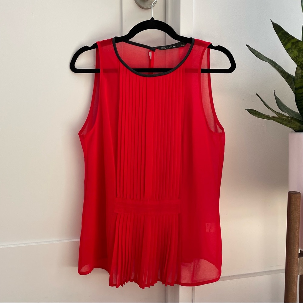 Zara Trafaluc pleated Red tank with black faux leather trim